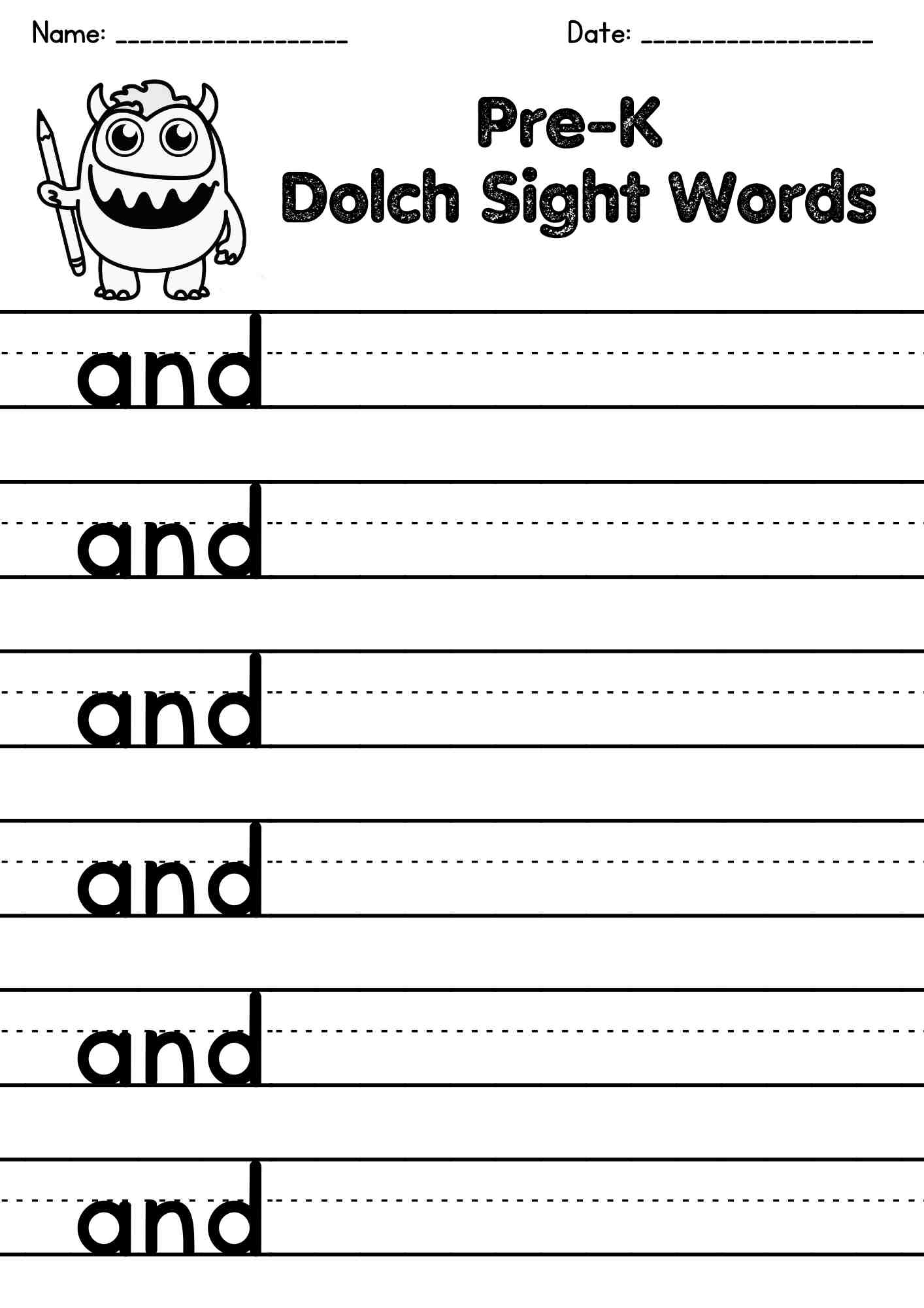 "and" Dolch Sight Word Tracing Page – Free PDF Download